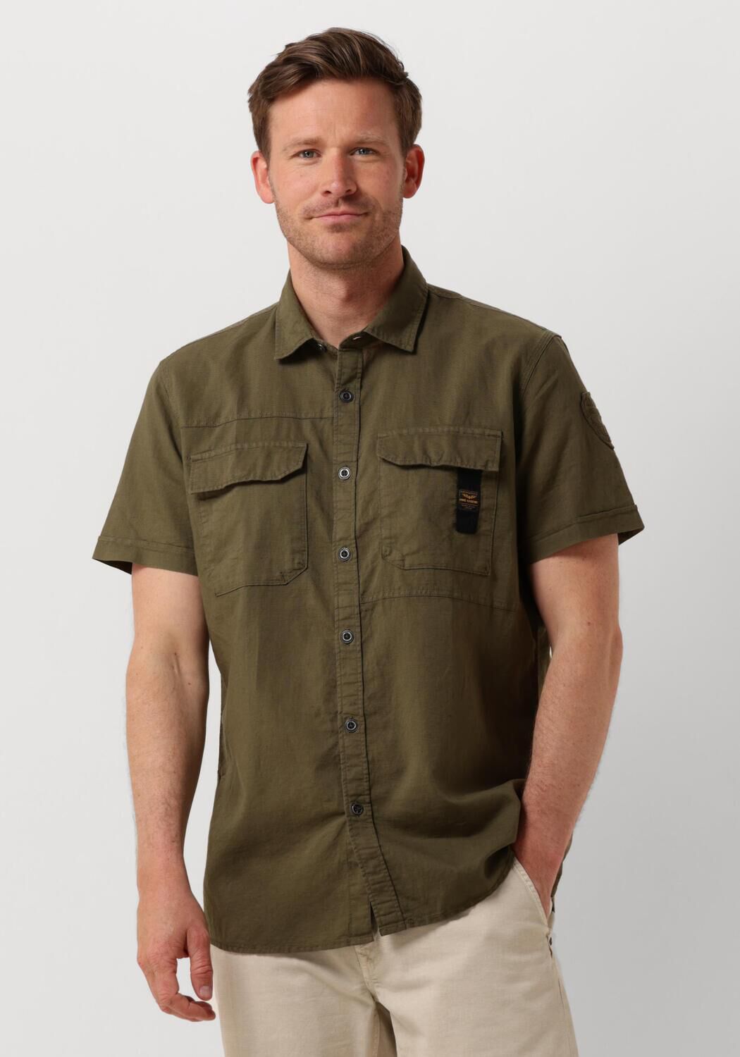 PME LEGEND Heren Overhemden Short Sleeve Shirt Ctn linen Groen